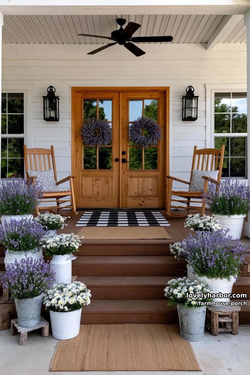 farmhouse porch with double doors, lavender wreaths, rocking chairs, and flower buckets. 1