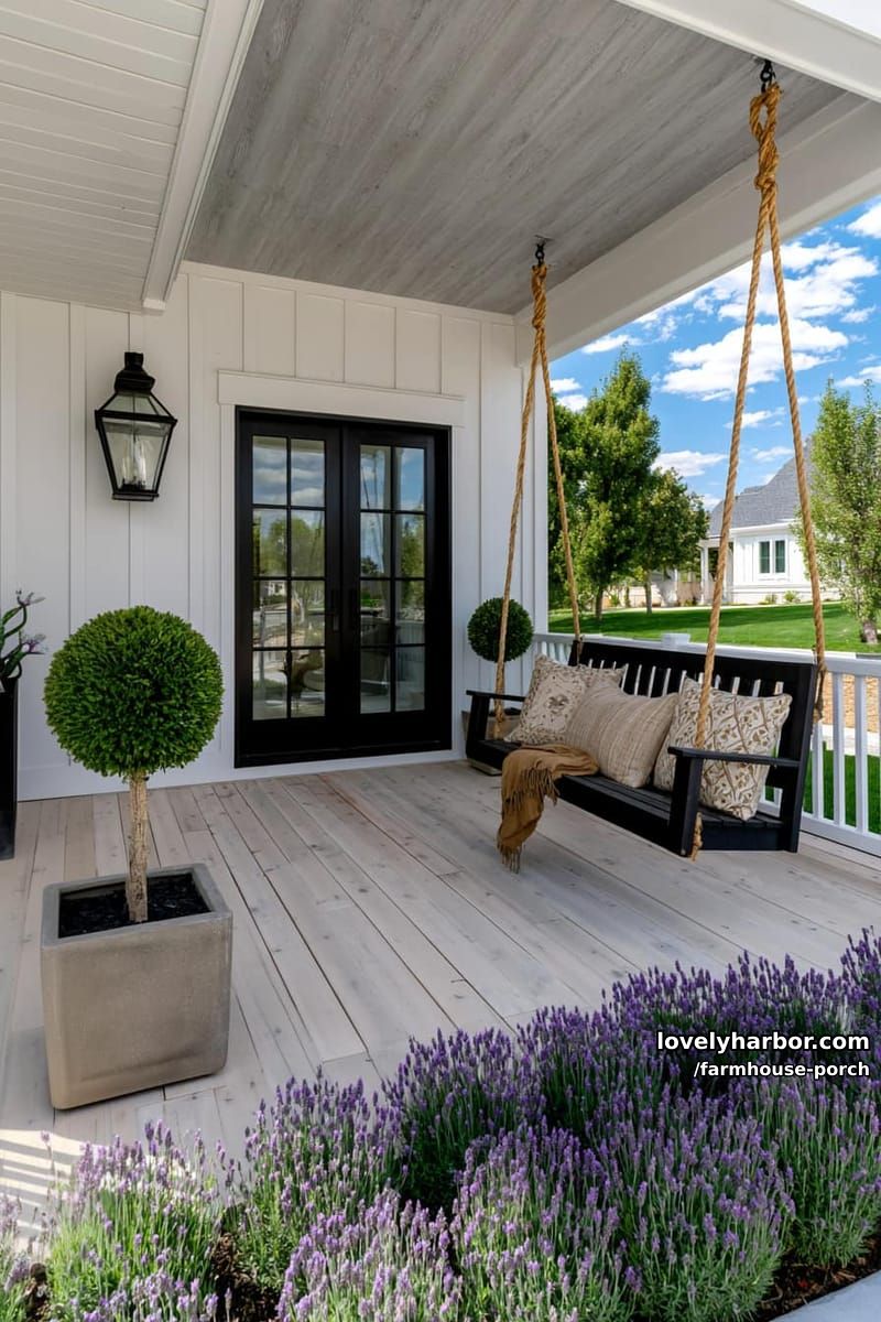 farmhouse porch with metal roof, black swing, olive trees, and lavender landscaping. 1