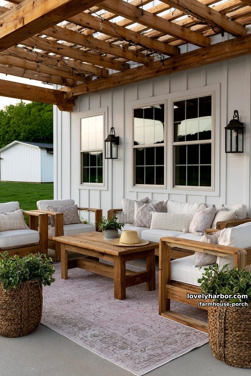 farmhouse porch with pergola, wood seating, string lights, and patterned rug. 1
