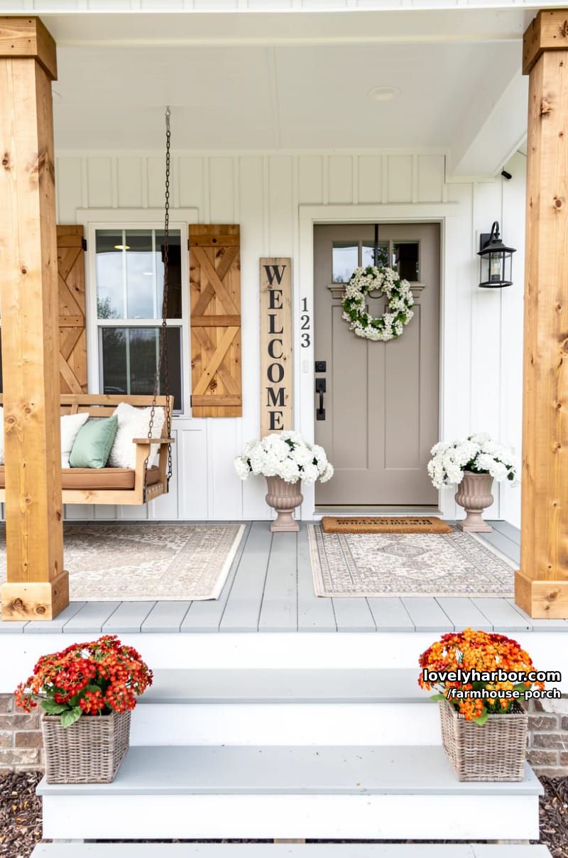 farmhouse porch with porch swing, planters, taupe door, and "welcome" sign. 1