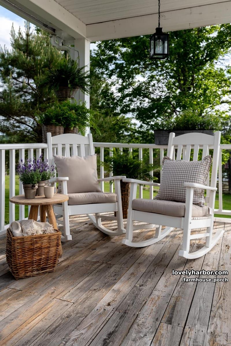 farmhouse porch with rocking chairs, lavender, wicker basket, and hanging lantern. 1