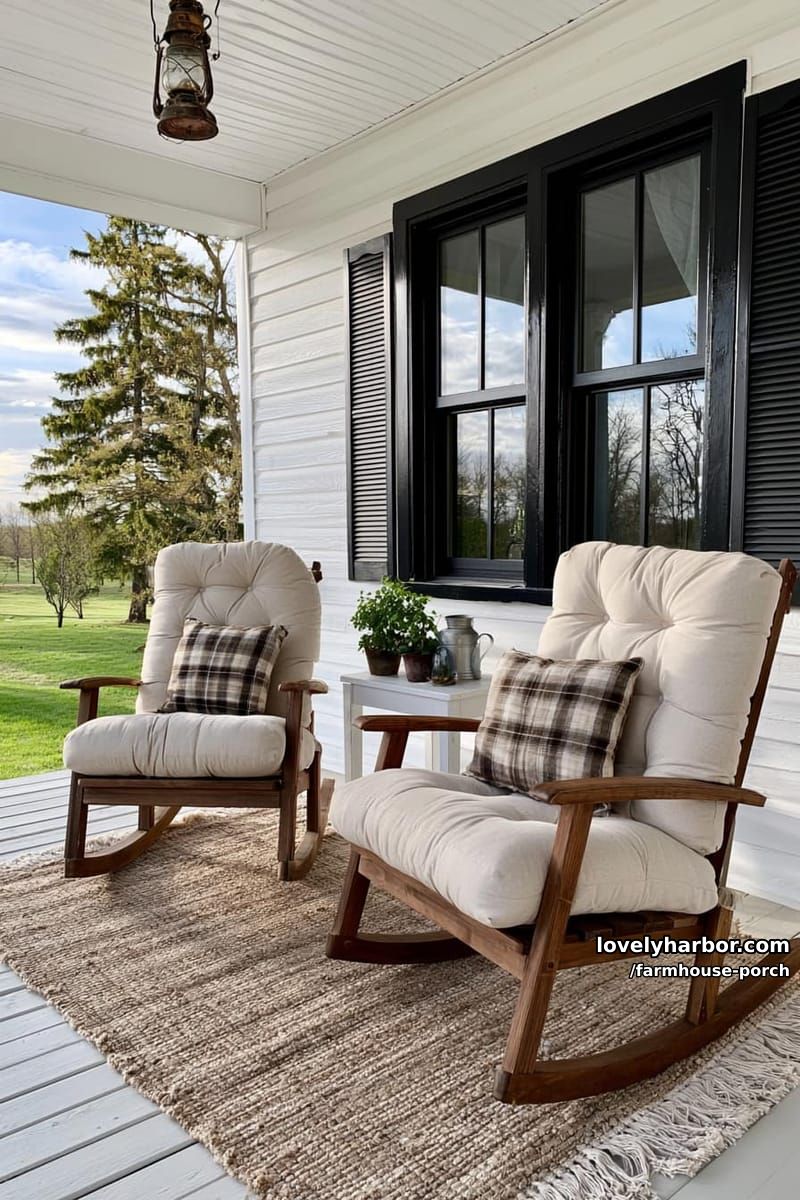 farmhouse porch with rocking chairs, plaid pillows, jute rug, and soft daylight. 1