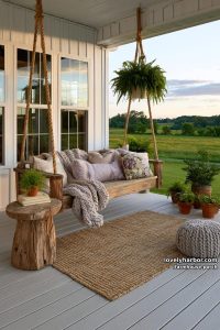 farmhouse porch with rope swing bench, floral pillows, and expansive field view. 16