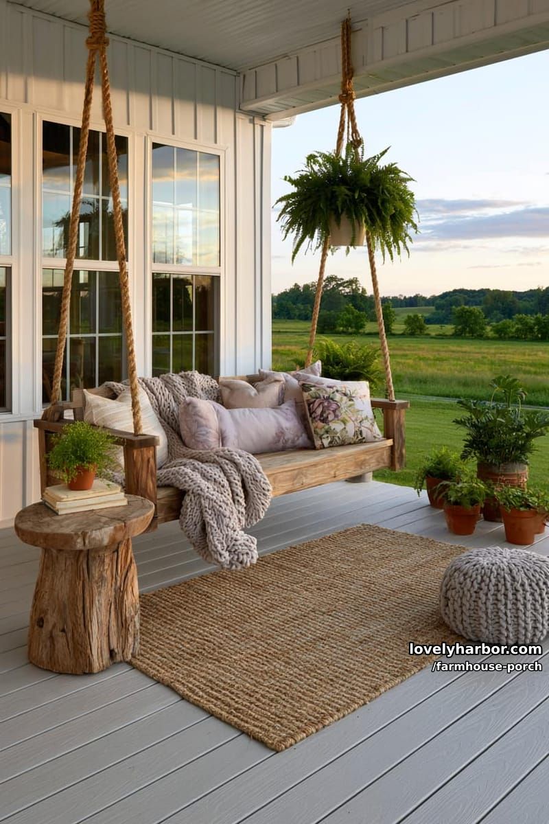farmhouse porch with rope swing bench, floral pillows, and expansive field view. 1