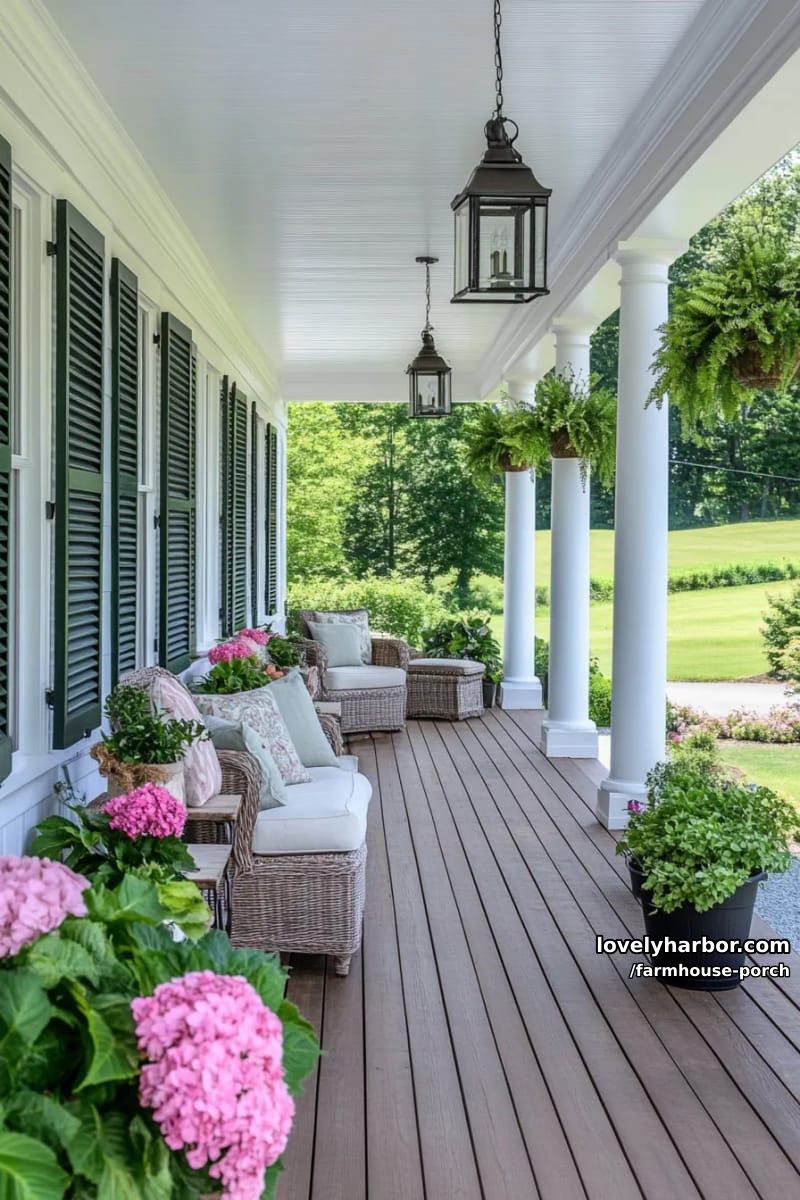 farmhouse porch with vintage chairs, pink flowers, green shutters, and distant hills. 1