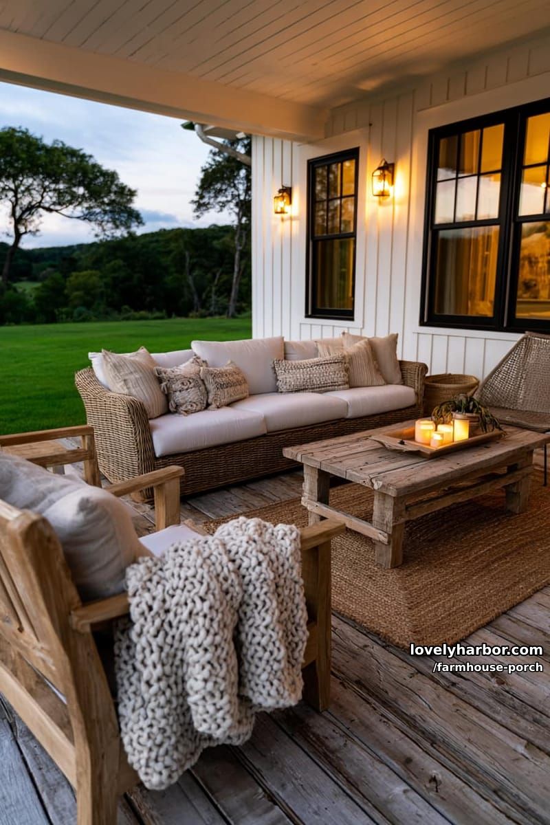 farmhouse porch with wicker sofa, jute rug, candles, and evening garden view. 1