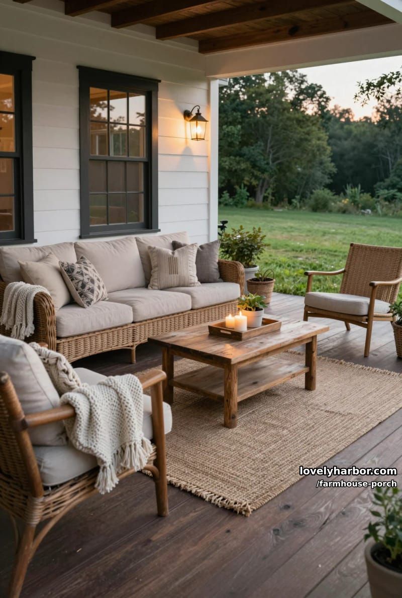 farmhouse porch with wicker sofa, jute rug, candles, and evening garden view. 1