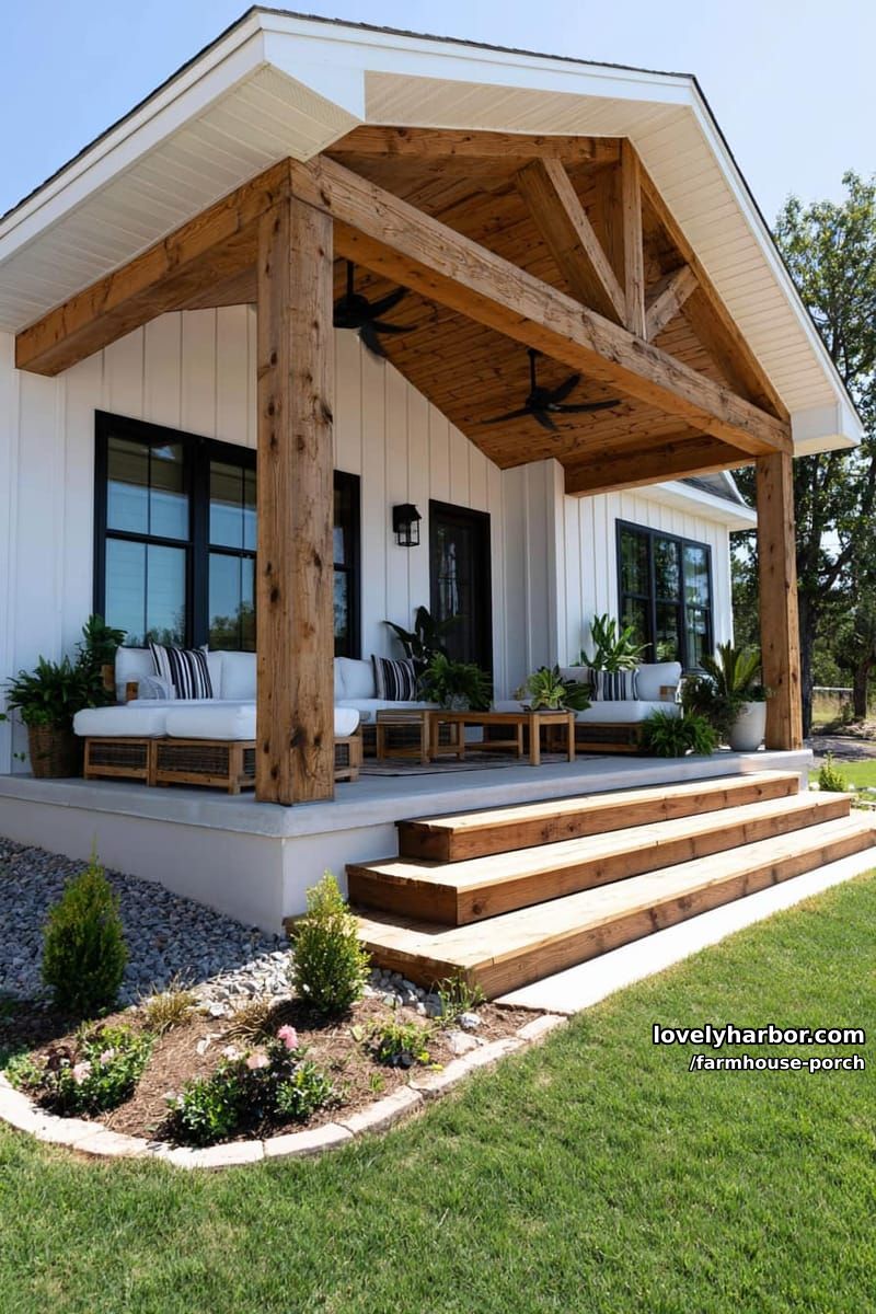 farmhouse porch with wraparound porch, natural wood beams, black windows, and lush plants. 1