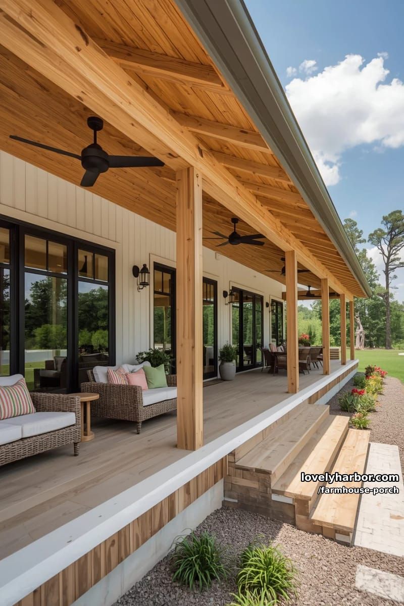 farmhouse porch with wraparound porch, natural wood beams, black windows, and lush plants. 1