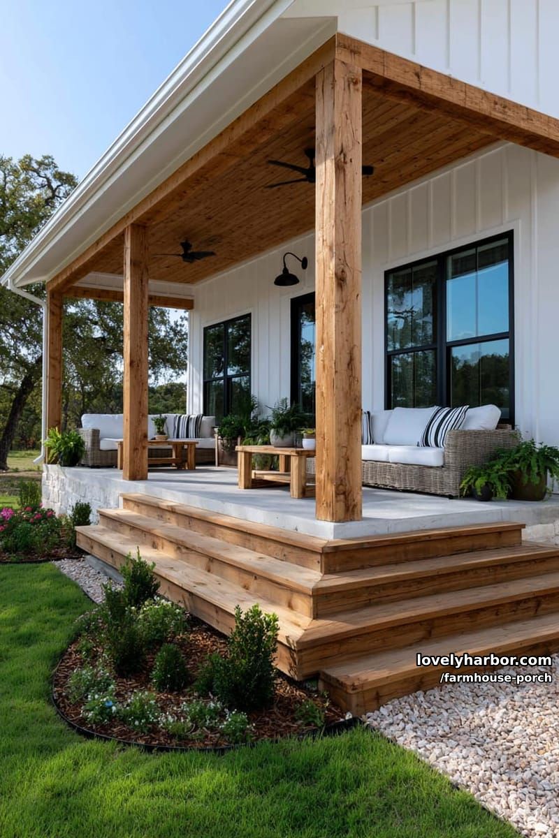farmhouse porch with wraparound porch, natural wood beams, black windows, and lush plants. 1