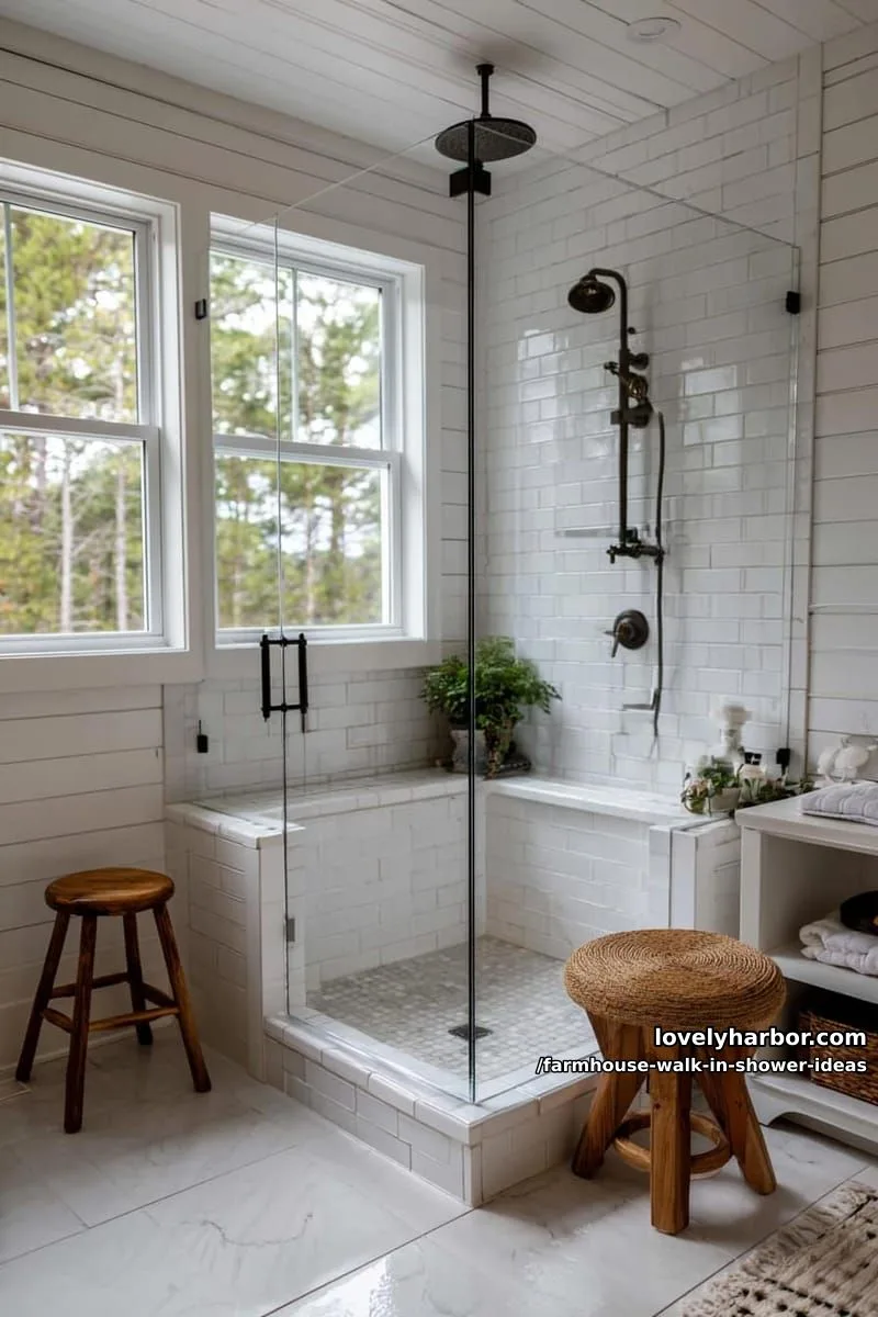 farmhouse shower with shiplap walls, glass enclosure, subway tiles, and greenery. 1