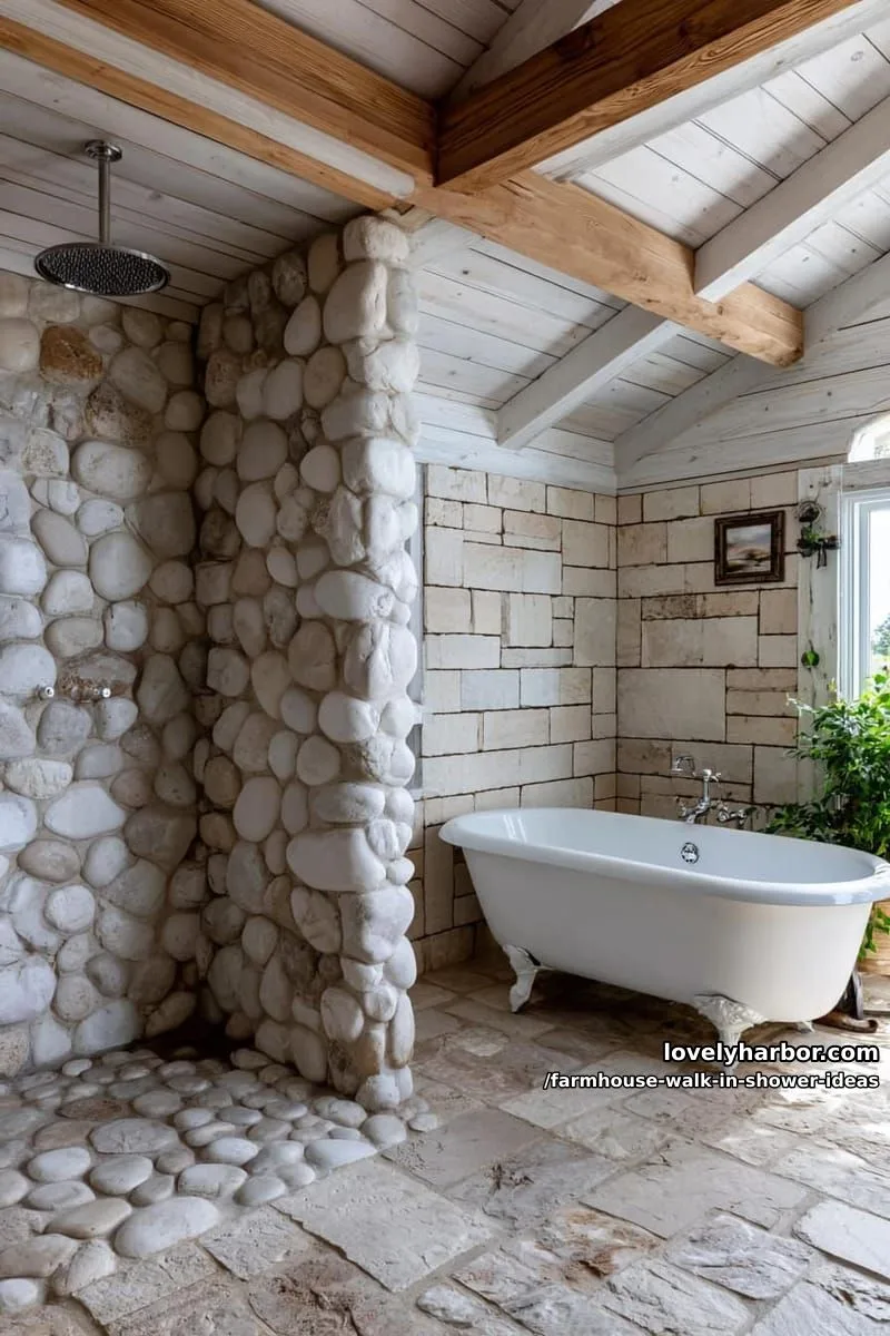 farmhouse shower with stone tiles, rainfall head, clawfoot tub, and wood beams. 1