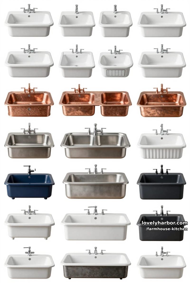farmhouse sink collection featuring ceramic, copper, stainless, fluted, and fireclay. 1