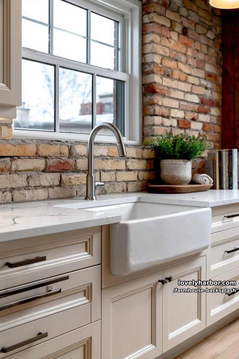 57 Stunning Farmhouse Backsplash Ideas You'll Love 49 farmhouse sink with exposed brick backsplash and light cream cabinetry. 1
