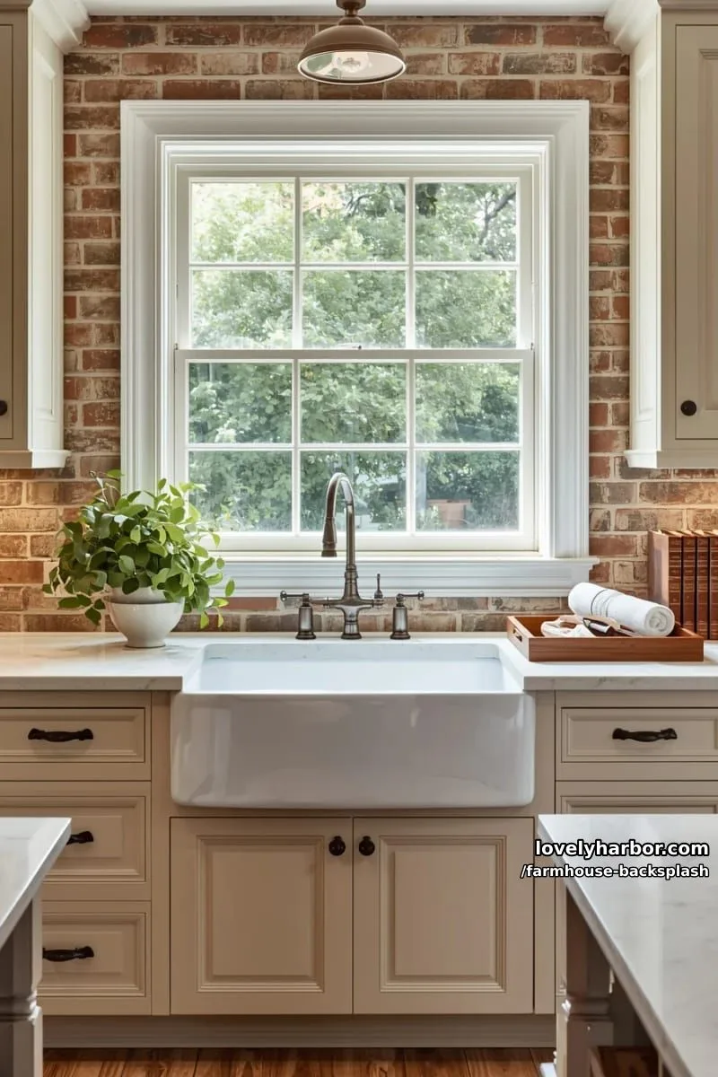 57 Stunning Farmhouse Backsplash Ideas You'll Love 50 farmhouse sink with exposed brick backsplash and light cream cabinetry. 1