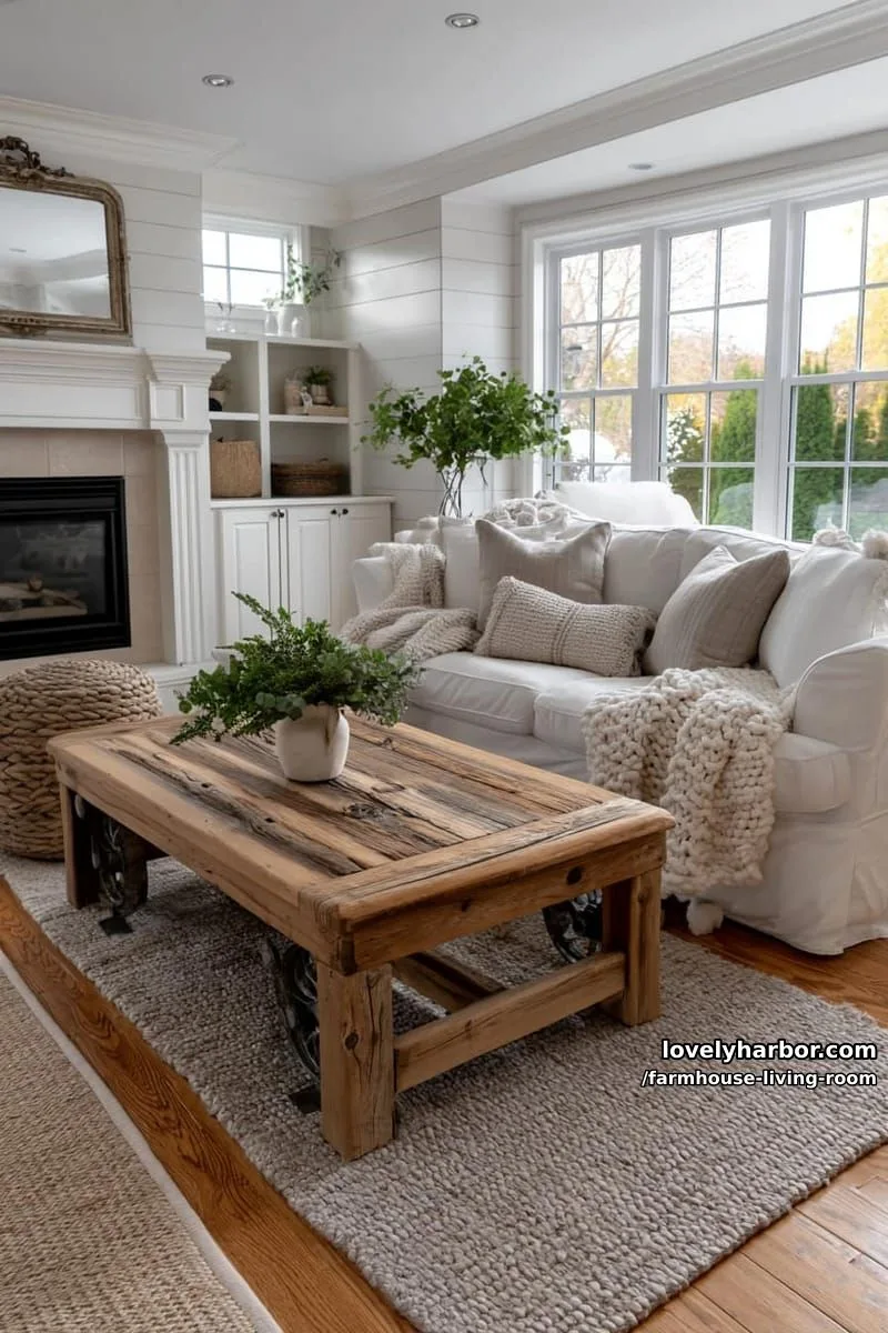 farmhouse-style living room with beige and white sofas, rustic coffee table, and shiplap walls. 1