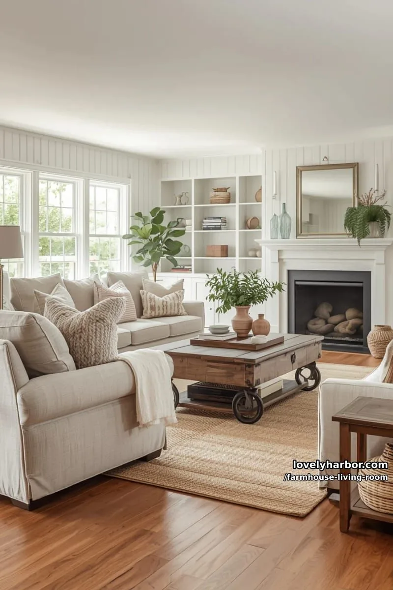 farmhouse-style living room with beige and white sofas, rustic coffee table, and shiplap walls. 1