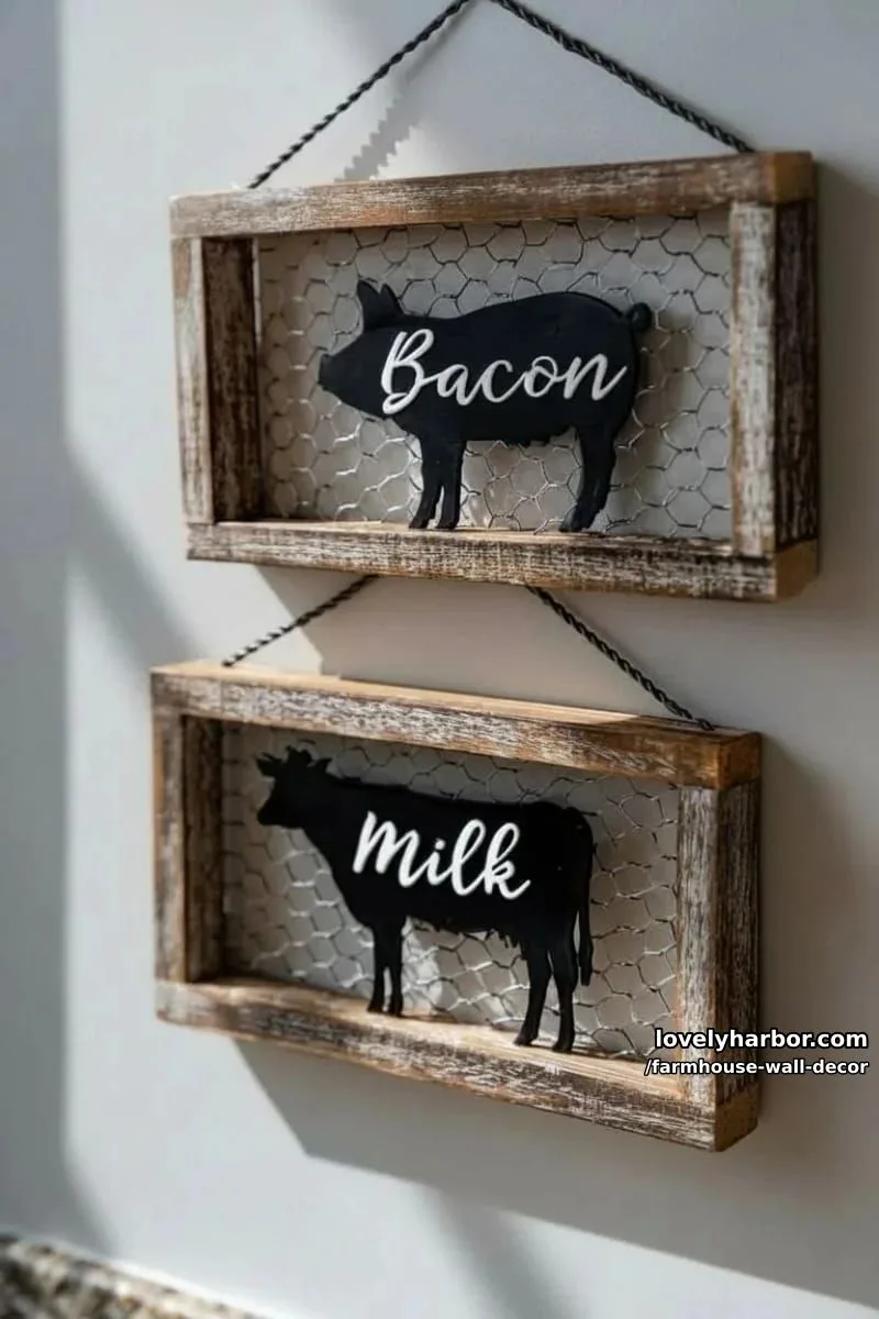 farmhouse-style wall decor with animal silhouettes and wire mesh frames. 1