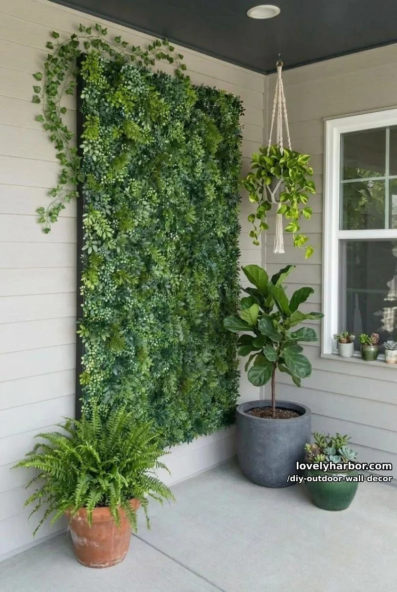20 Easy DIY Outdoor Wall Decor Ideas You'll Love 15 faux vertical boxwood garden wall for a lush porch accent 1