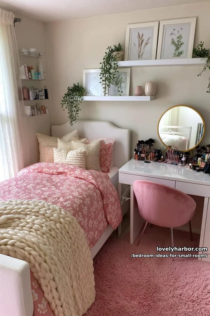 23 Unique Bedroom Ideas for Small Rooms 16 feminine bedroom with pink accents, vanity desk, and floating shelves. 1