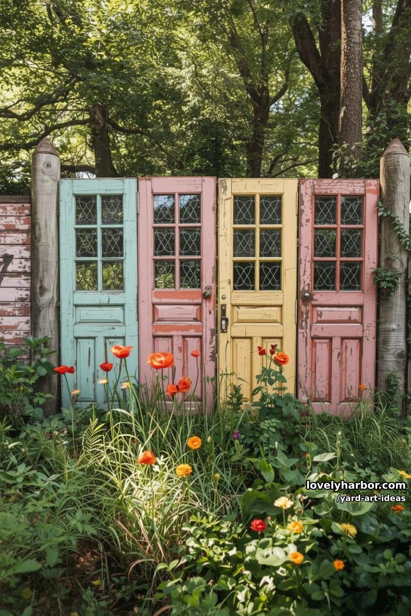 fence made from old painted doors with lush, vibrant flower beds. 1