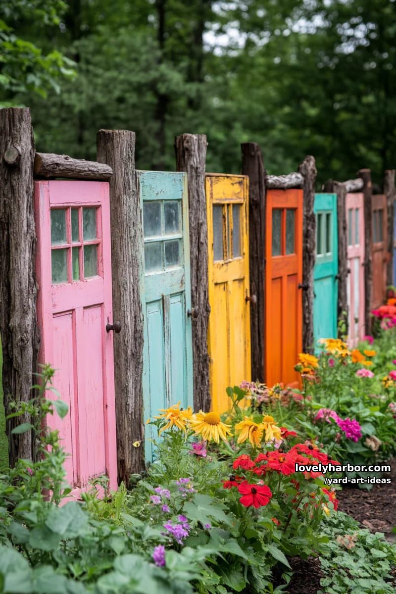 fence made from old painted doors with lush, vibrant flower beds. 1