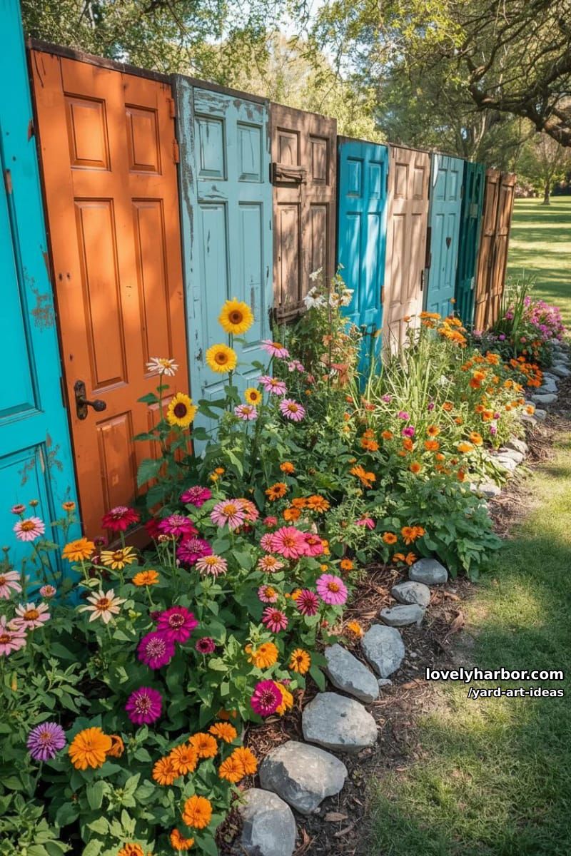 fence made from old painted doors with lush, vibrant flower beds. 1