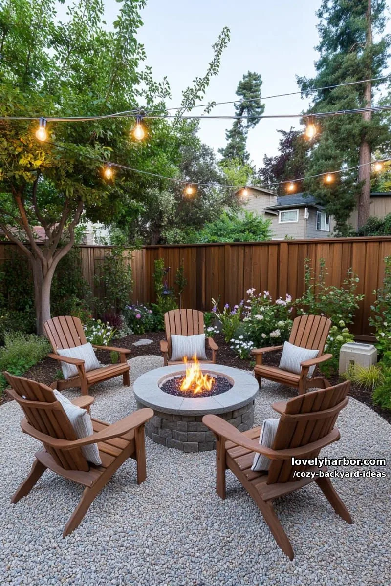 20 Cozy Backyard Ideas You Must Try 42 fire pit patio with adirondack chairs, string lights, and lush borders 1