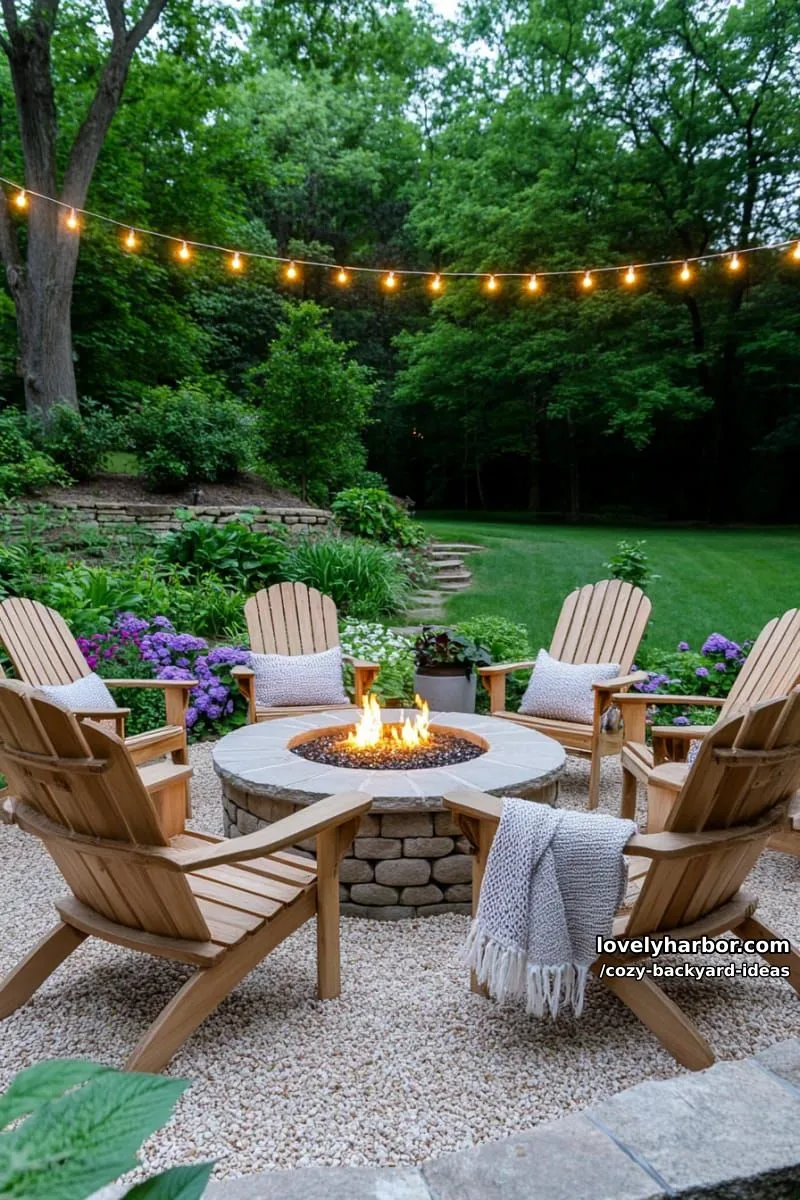 20 Cozy Backyard Ideas You Must Try 43 fire pit patio with adirondack chairs, string lights, and lush borders 1