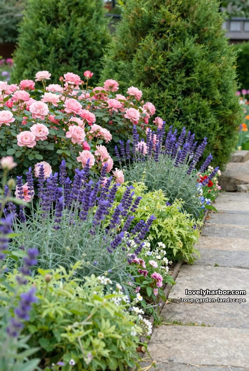 flower garden beside stone path with pink roses, lavender, and salvia. 1