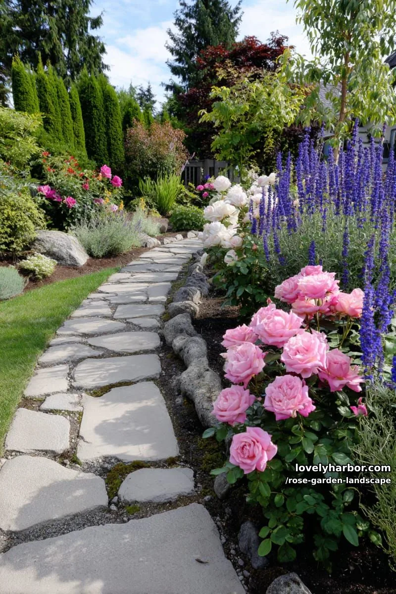 flower garden beside stone path with pink roses, lavender, and salvia. 1