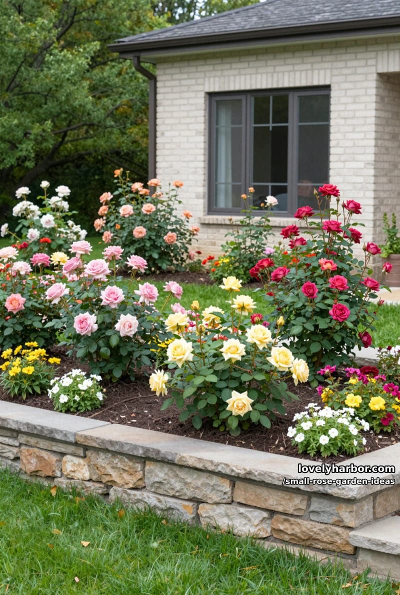 flower garden with blooming rose bushes in front of a brick house. 1