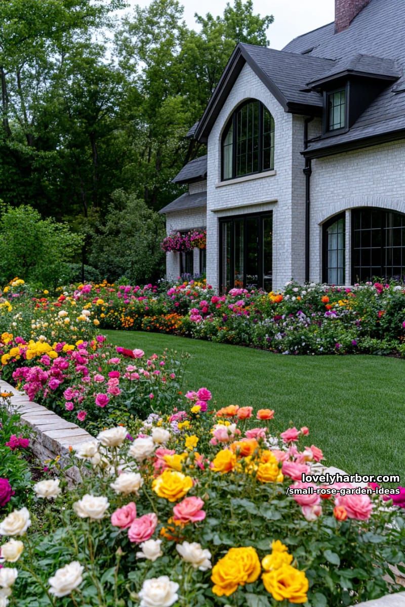 flower garden with blooming rose bushes in front of a brick house. 1
