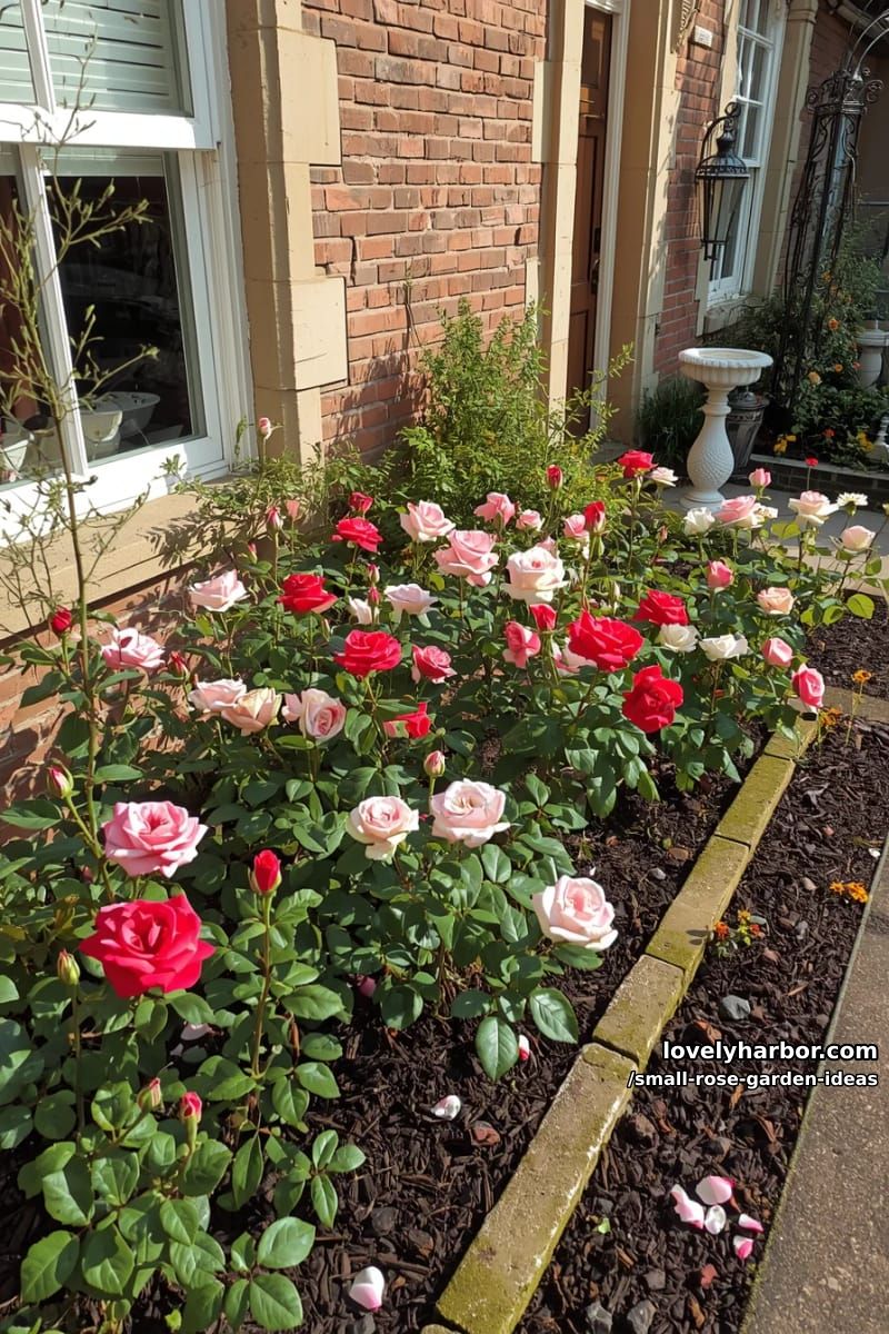 flower garden with blooming rose bushes in front of a brick house. 1