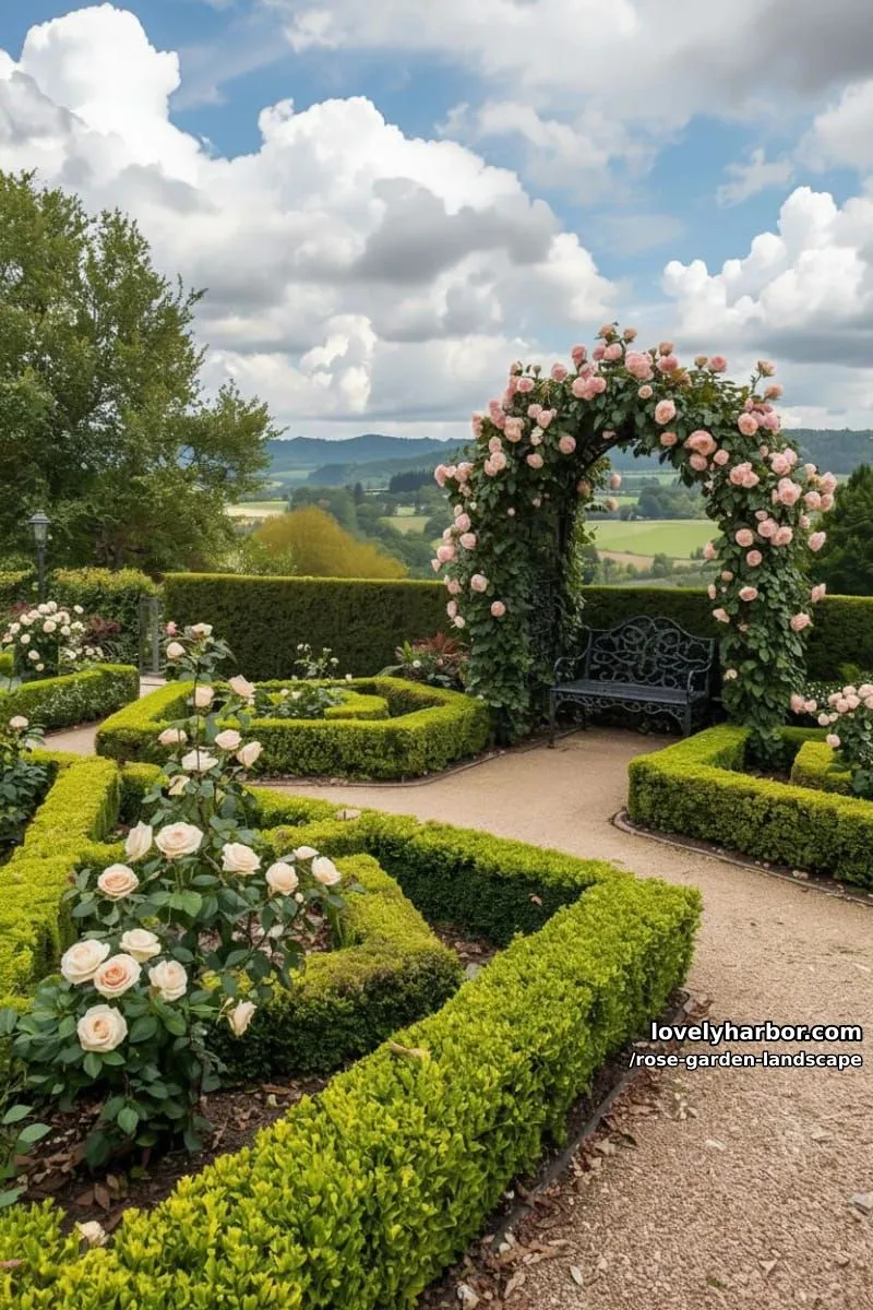 formal garden with geometric boxwood hedges and pale pink roses. 1