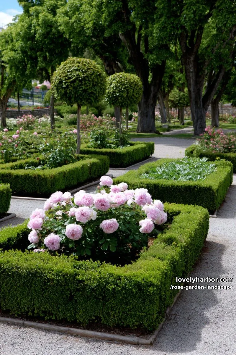 formal garden with geometric boxwood hedges and pale pink roses. 1