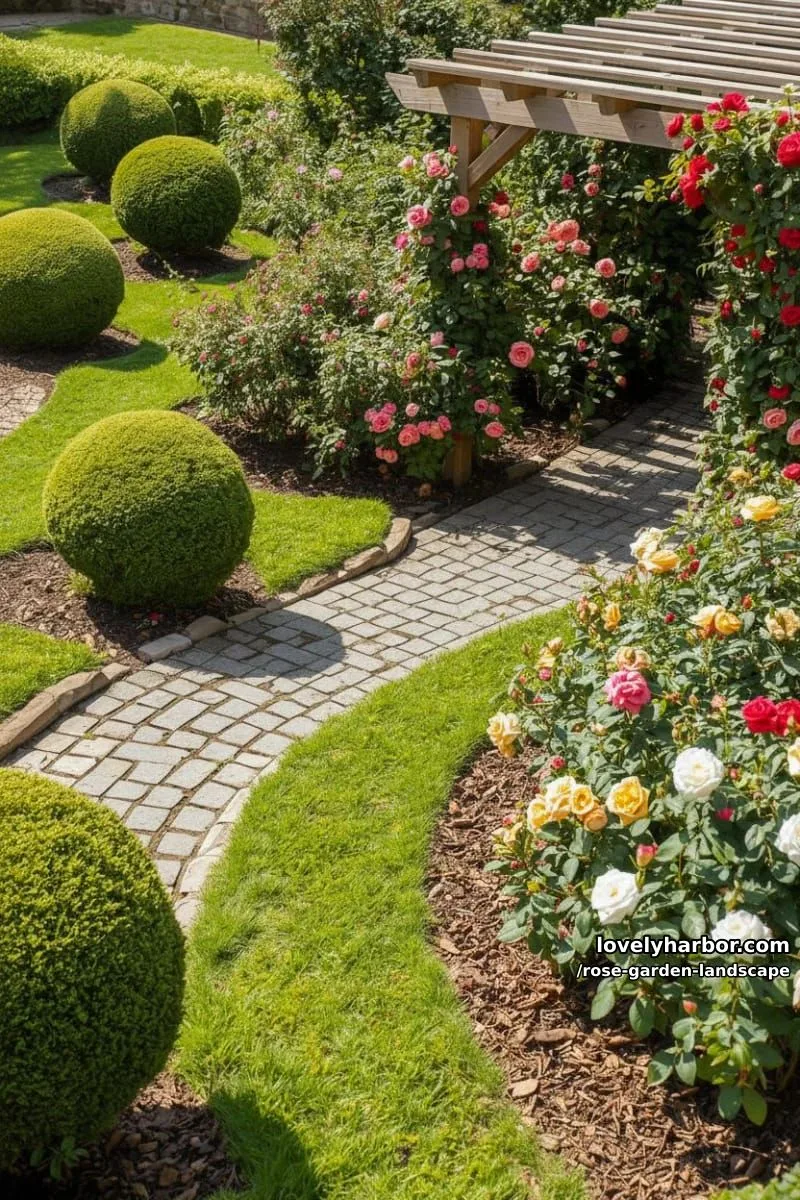 formal garden with topiary, stone edging, pergola, and rose bushes. 1