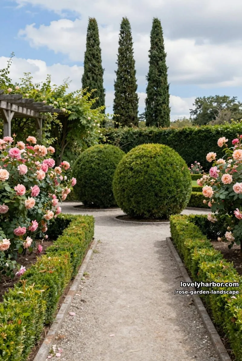 formal garden with topiary, stone edging, pergola, and rose bushes. 1