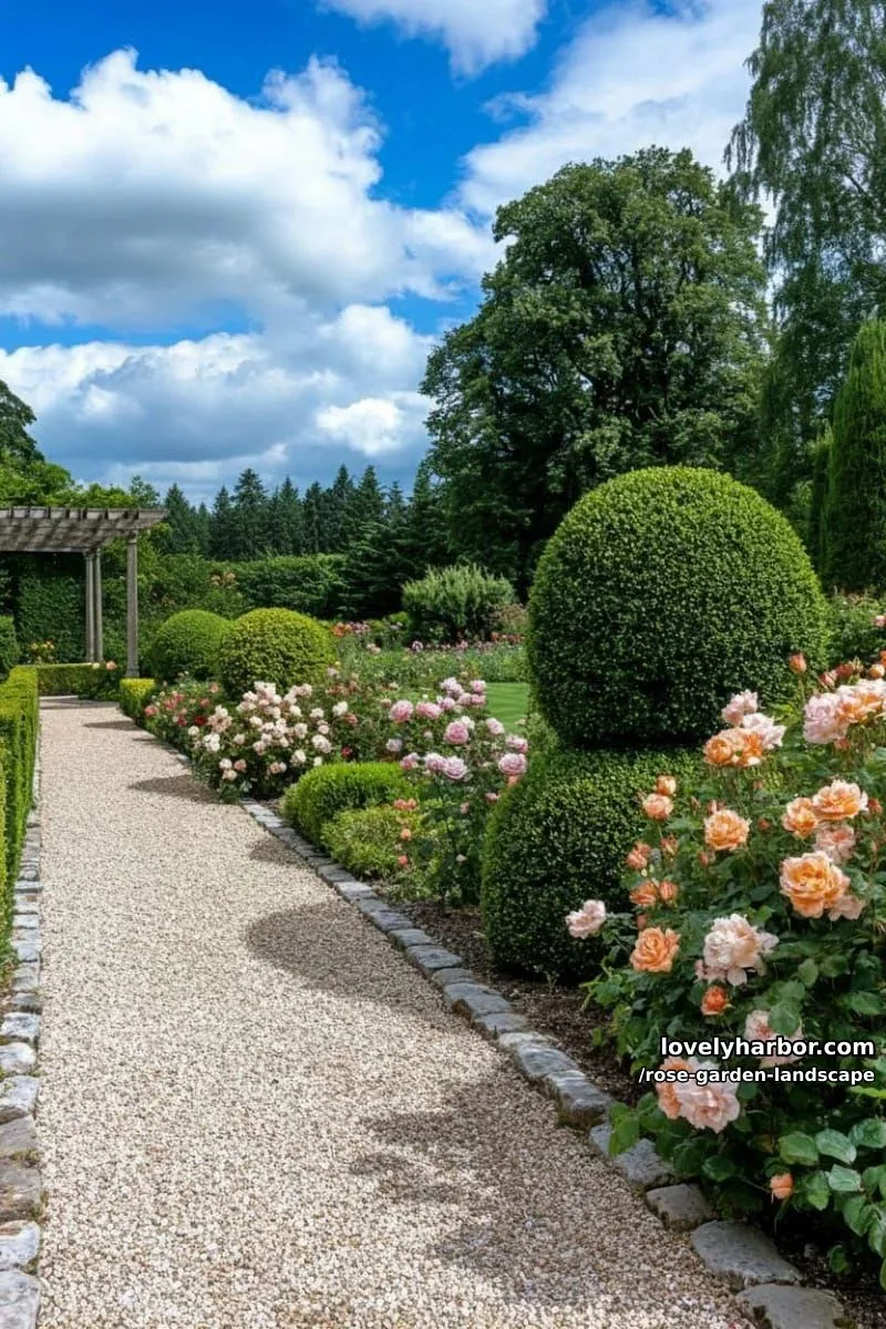 formal garden with topiary, stone edging, pergola, and rose bushes. 1