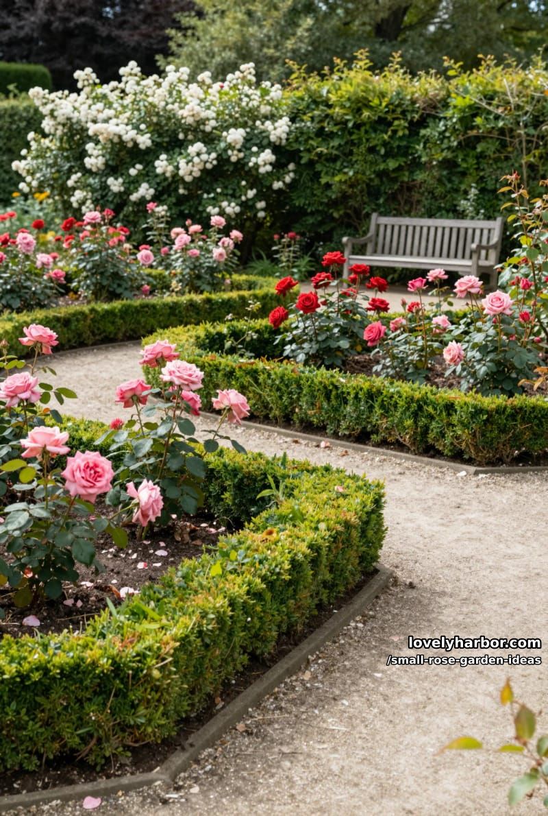 formal rose garden with neatly organized beds and garden bench. 1