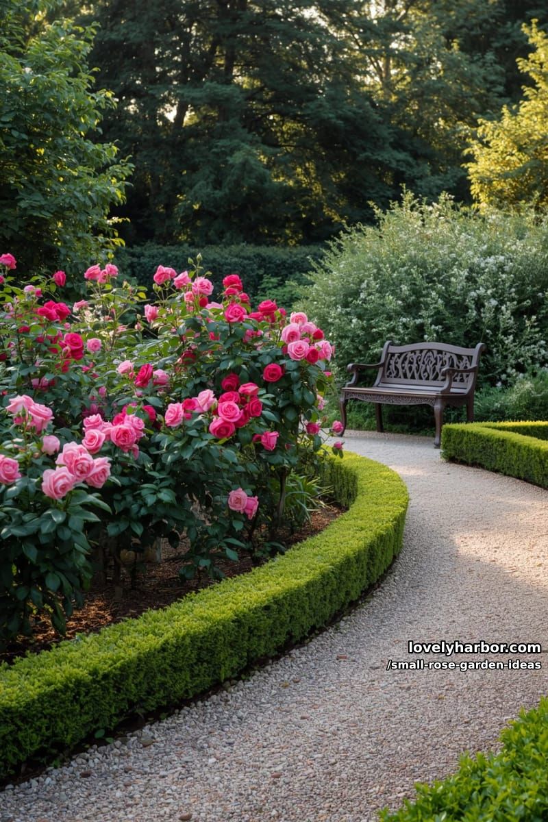 formal rose garden with neatly organized beds and garden bench. 1