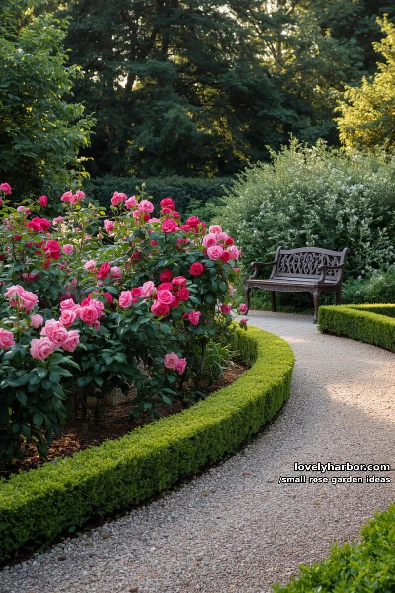 20 Chic Small Rose Garden Ideas for a Refreshing Outdoor Space 12 formal rose garden with neatly organized beds and garden bench. 1