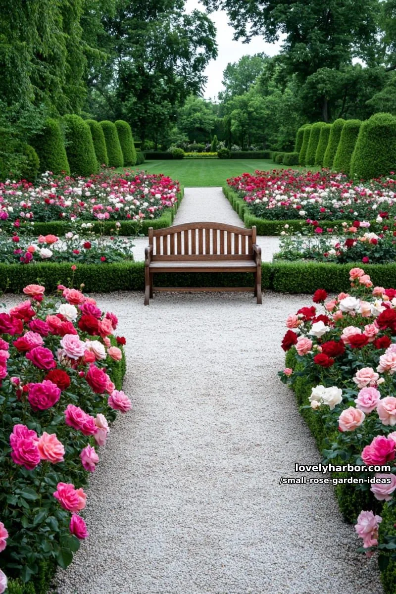 20 Chic Small Rose Garden Ideas for a Refreshing Outdoor Space 13 formal rose garden with neatly organized beds and garden bench. 1