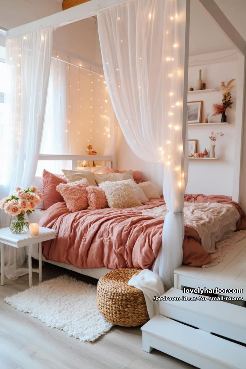 four-poster bed with sheer curtains, string lights, and dreamy accents. 1