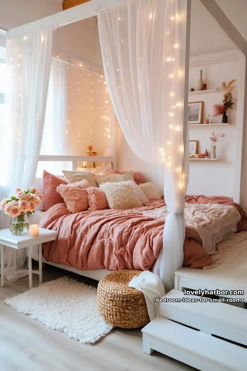 23 Unique Bedroom Ideas for Small Rooms 26 four-poster bed with sheer curtains, string lights, and dreamy accents. 1