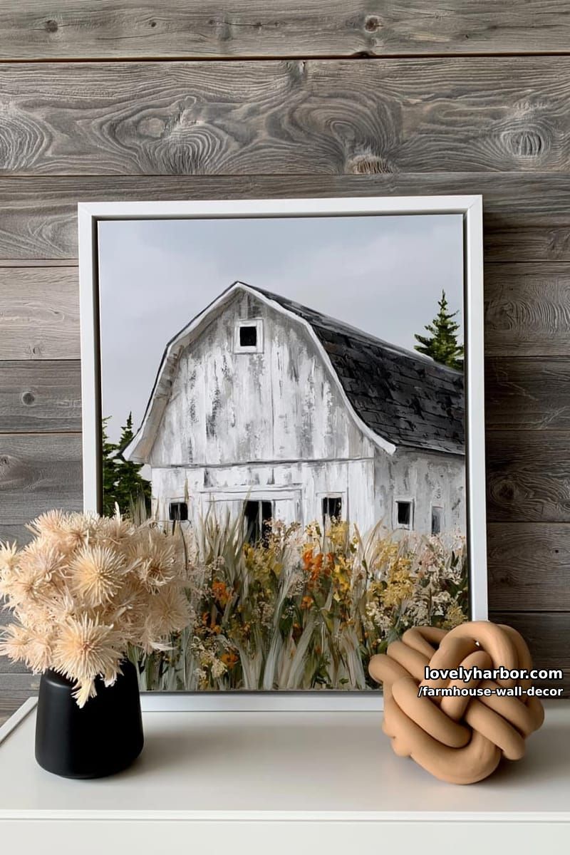 framed painting of a white barn with wildflowers on a rustic wall. 1