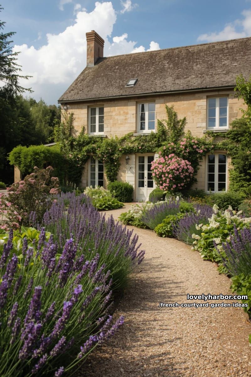 french country garden with stone house, climbing roses, lavender borders, and symmetry. 1