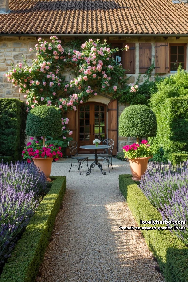 french country garden with stone house, climbing roses, lavender borders, and symmetry. 1