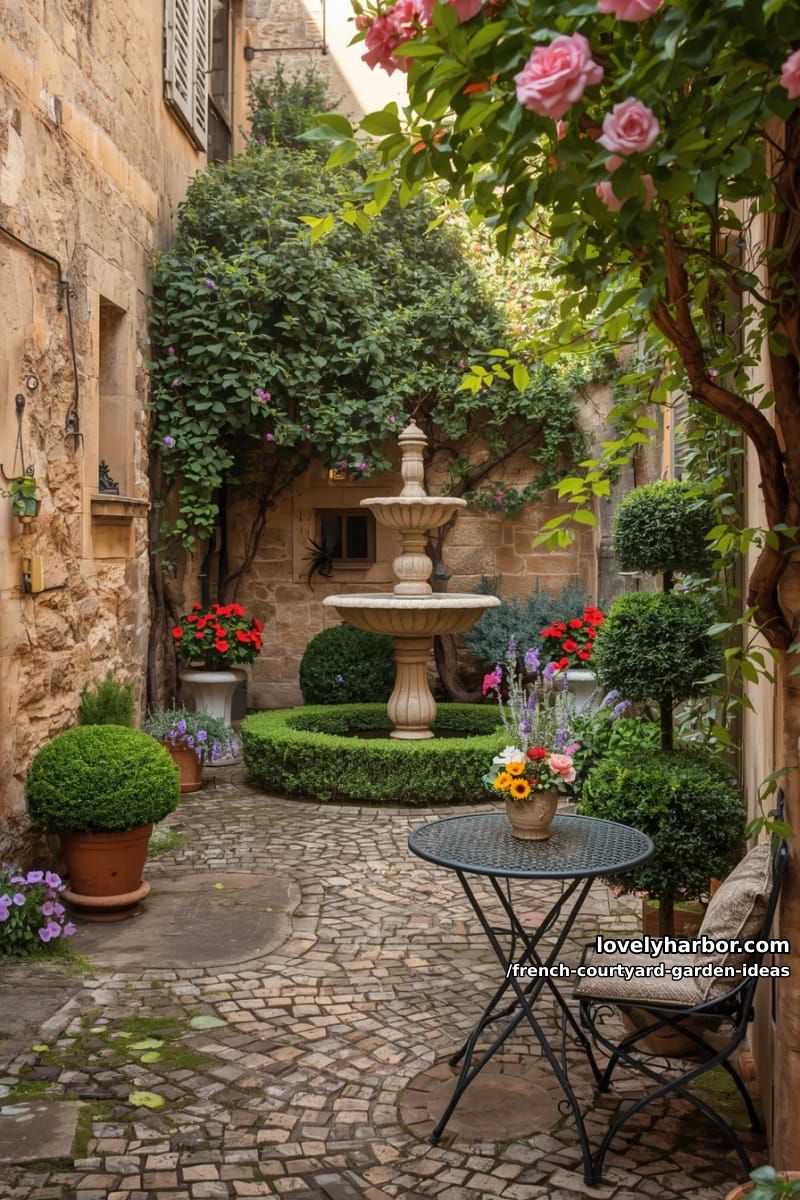 french courtyard garden with stone fountain, topiary, lavender, and wrought iron seating. 1