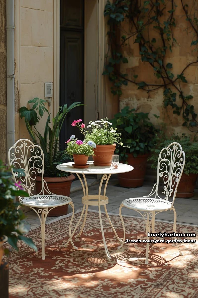 french courtyard with white wrought iron furniture, terracotta pots, and trailing ivy. 1